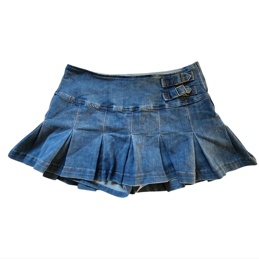 Wild Fable Denim Pleated Skort with Buckle Accents